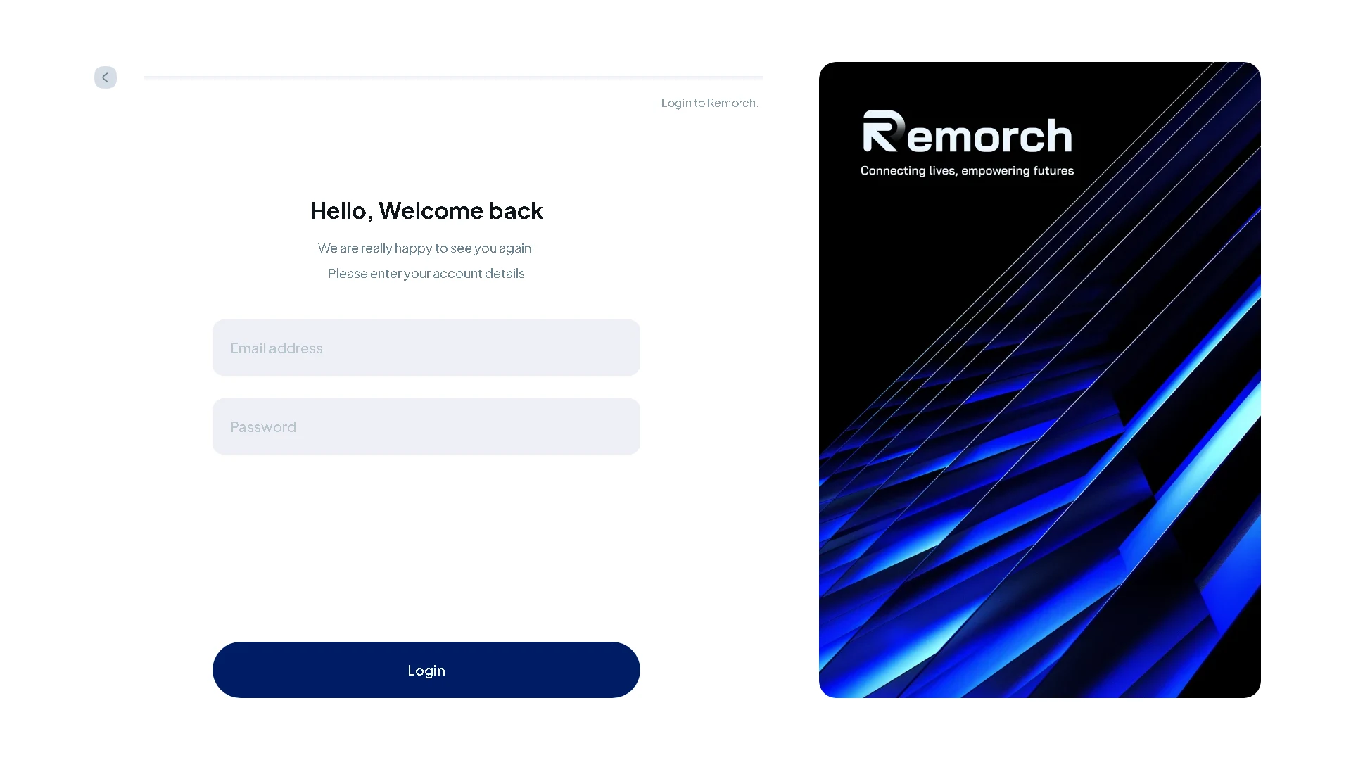 The panel's sign-in screen with email and password fields beside a Remorch brand card