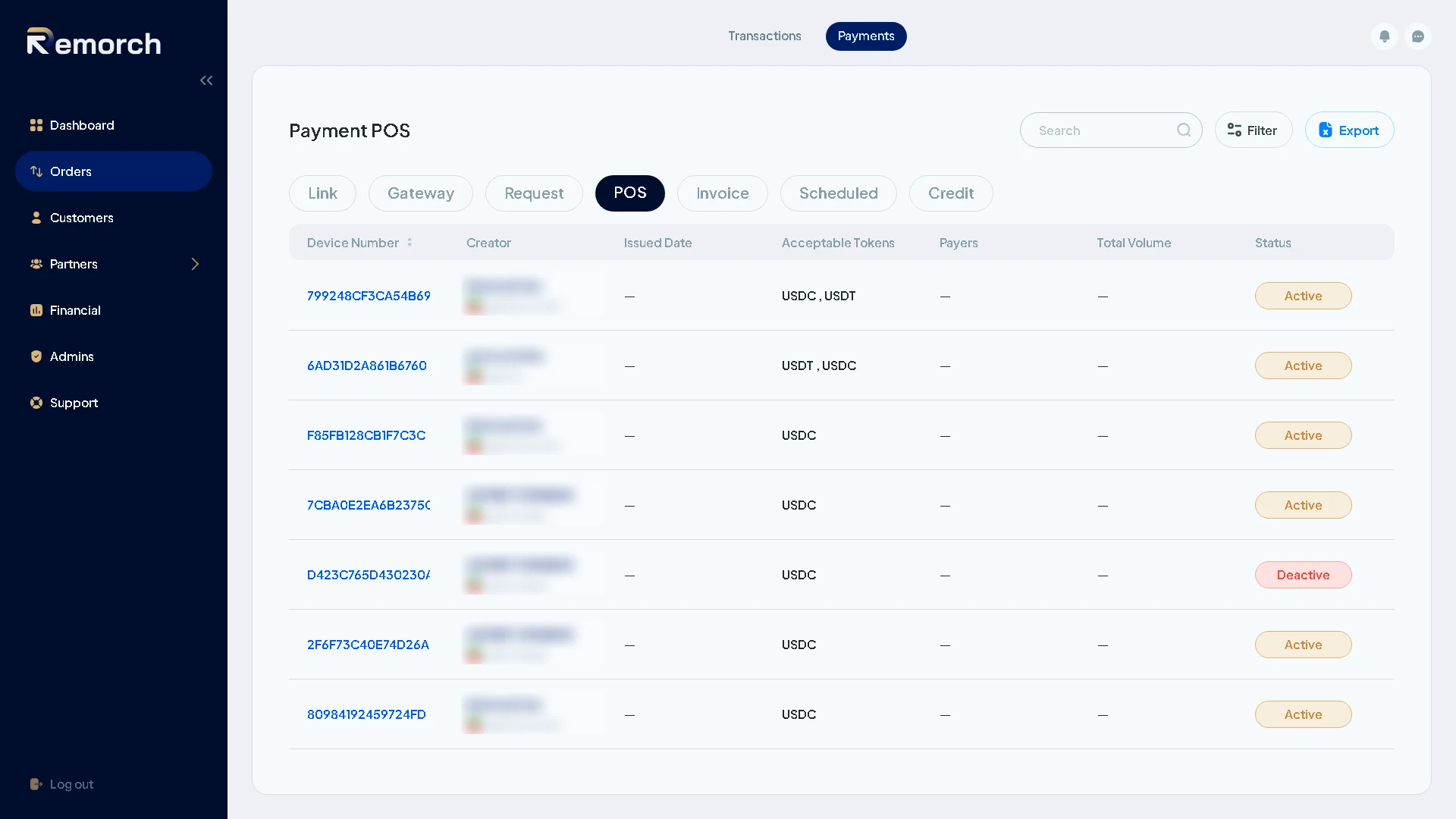 The payments grid on the POS tab, listing devices with accepted tokens and status, with creator names blurred