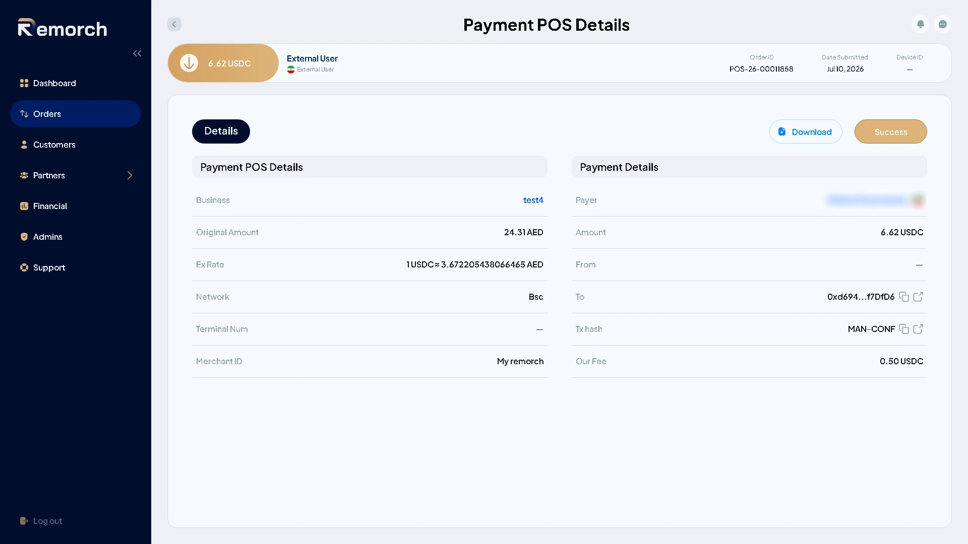 A POS payment's detail page: original amount in AED, exchange rate, network, amount in USDC and fee, with the payer name blurred
