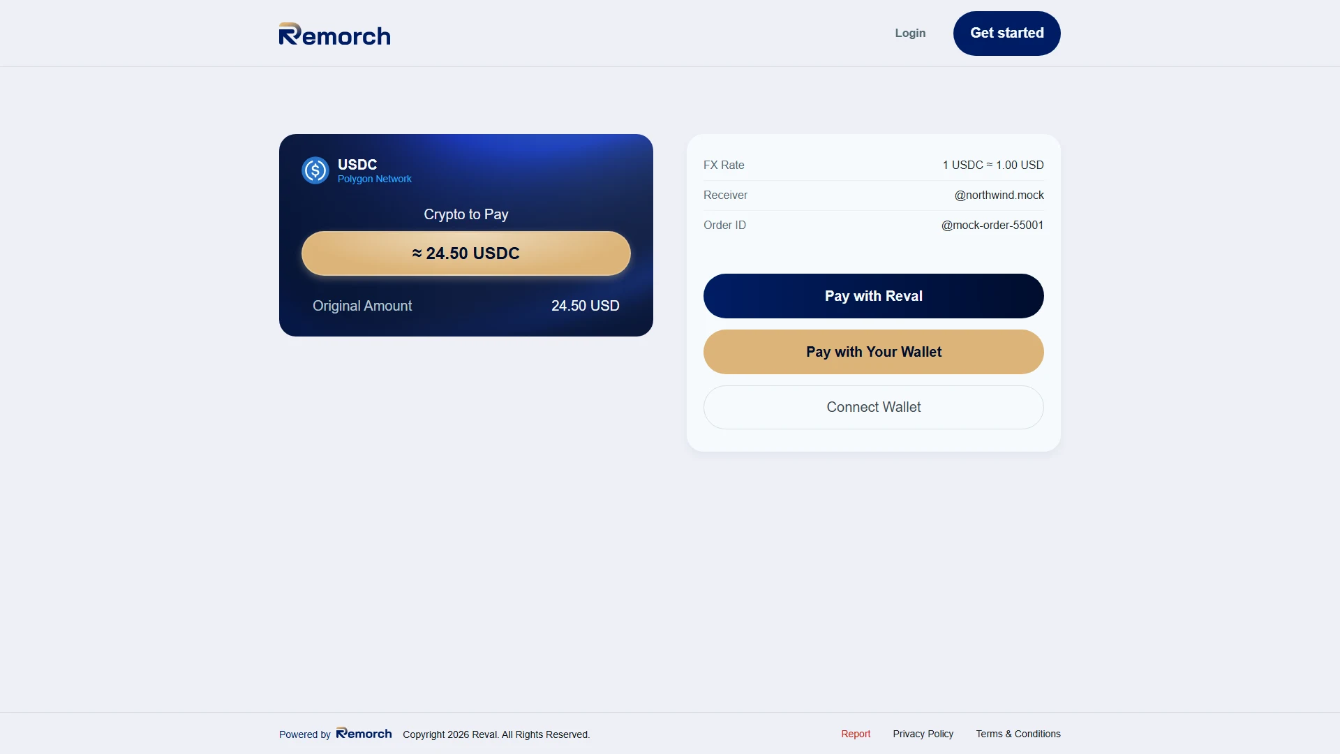 A payment link: a dark card showing 24.50 USDC on Polygon, beside pay and connect wallet buttons