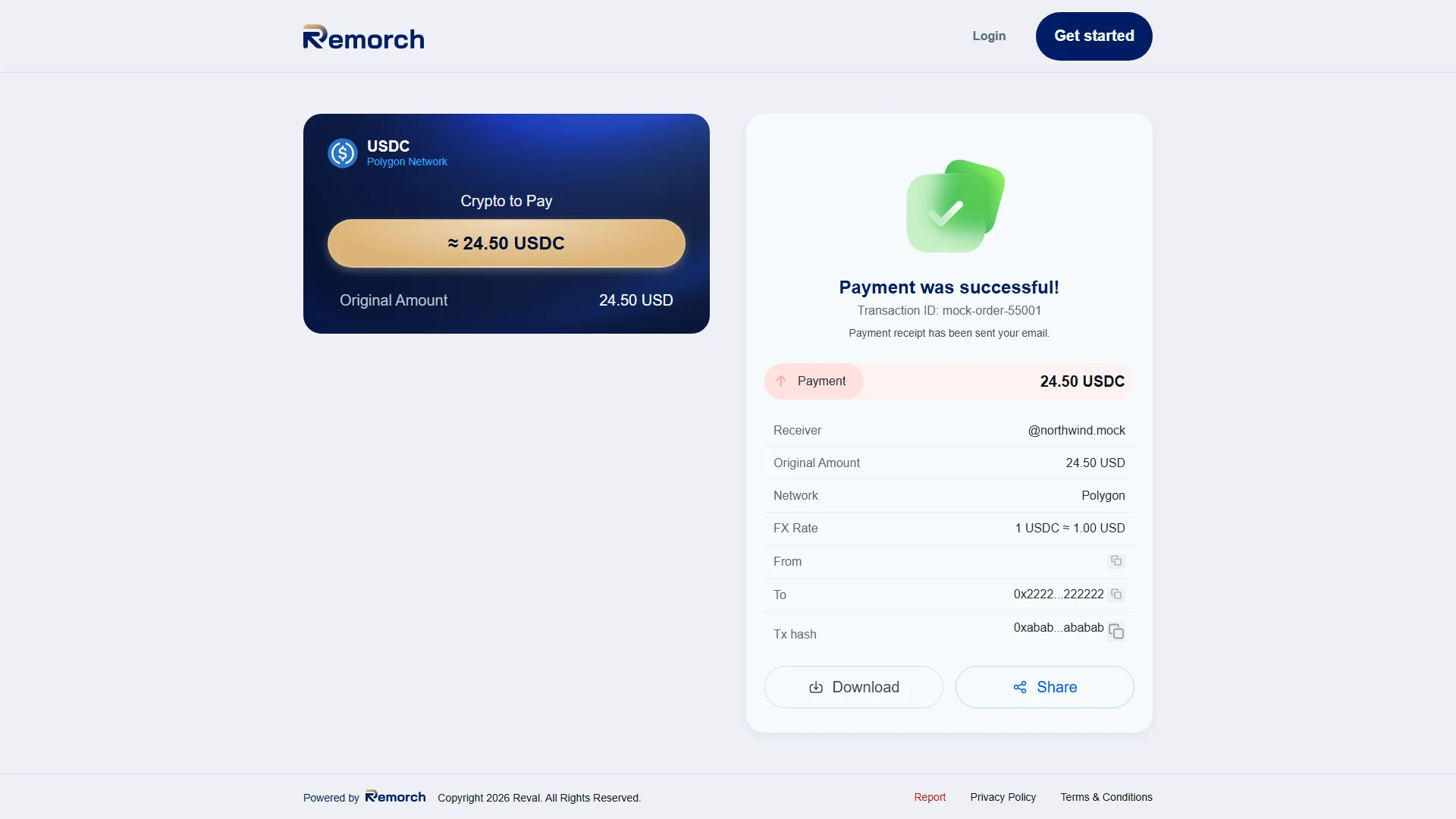 The payment success screen with a receipt listing receiver, amount, network, rate and transaction hash