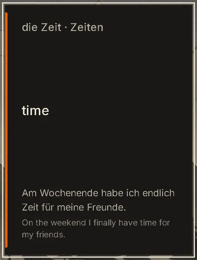 Card back: die Zeit, plural Zeiten, meaning time, with an example sentence in German and English